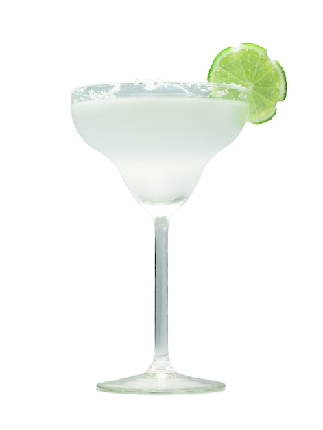 Classic margarita cocktail with lime slice and salty rim. Isolated on white background