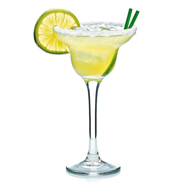 Classic margarita cocktail with lime slice and straw isolated on white background