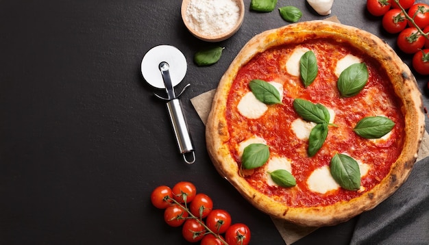 Classic Margherita Pizza with Fresh Ingredients and Cutter on Black Surface Overhead View