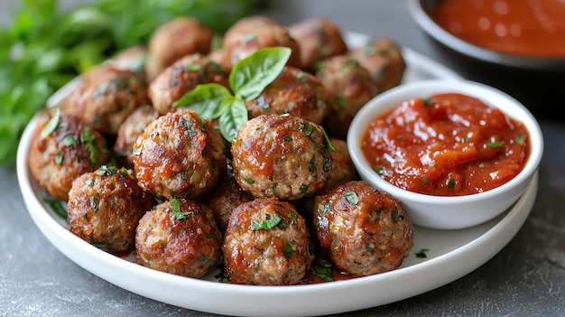 Photo classic meatballs on white plate with tomato sauce for party snack