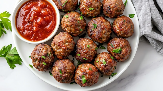 Classic Meatballs on White Plate with Tomato Sauce for Party Snack