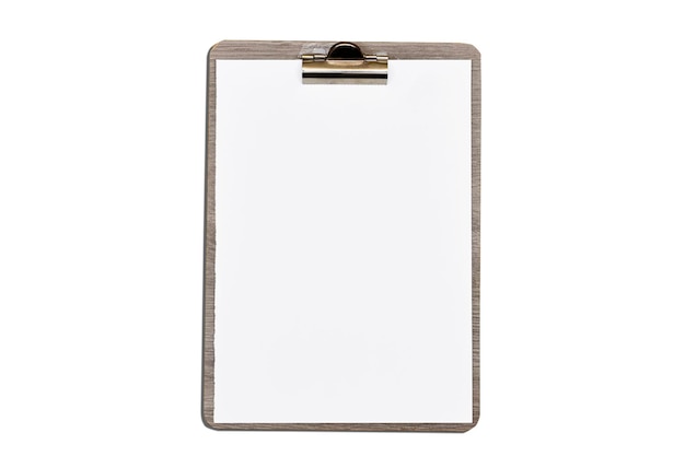 Classic metal clipboard with blank white paper isolated on white background