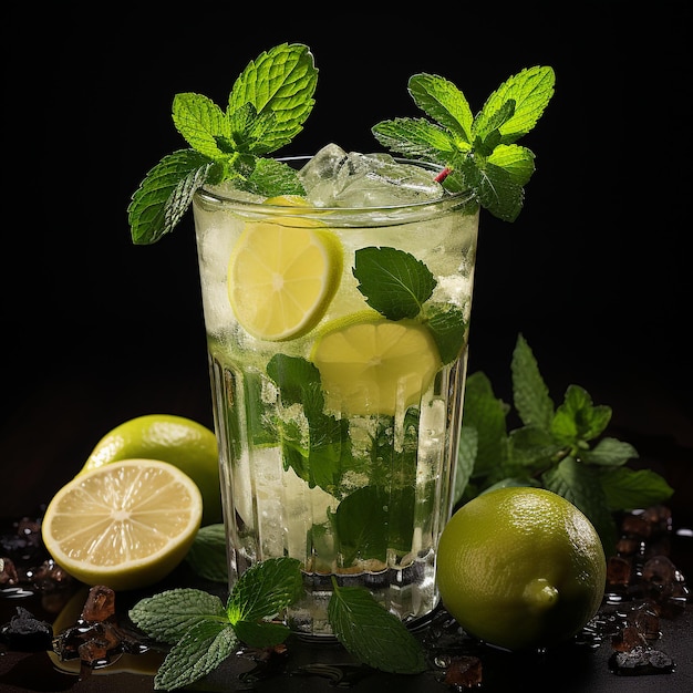 Classic mojito cocktail isolated on black surface