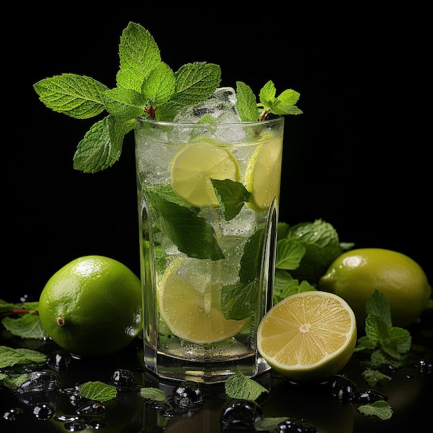 Classic mojito cocktail isolated on black surface