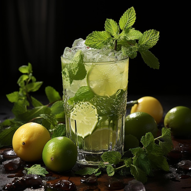 Classic mojito cocktail isolated on black surface