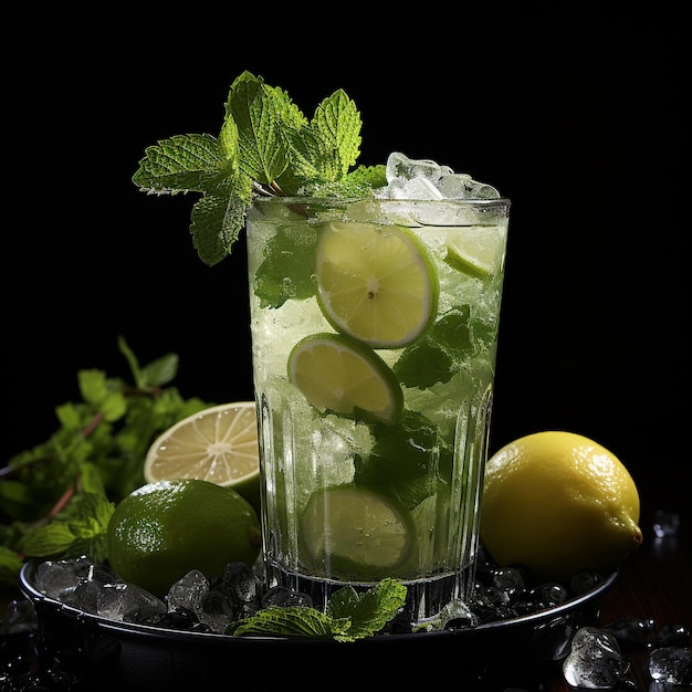 Classic mojito cocktail isolated on black surface