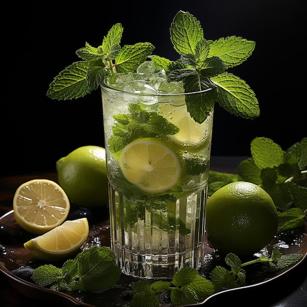 Classic mojito cocktail isolated on black surface