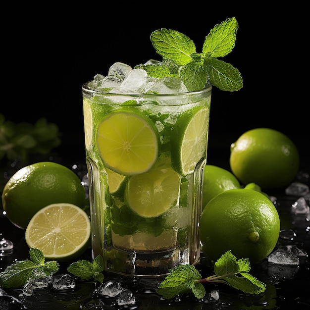 Classic mojito cocktail isolated on black surface