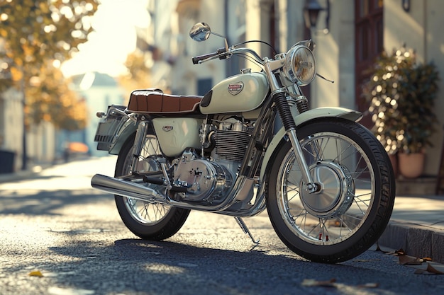 A classic motorcycle in a s street scene with