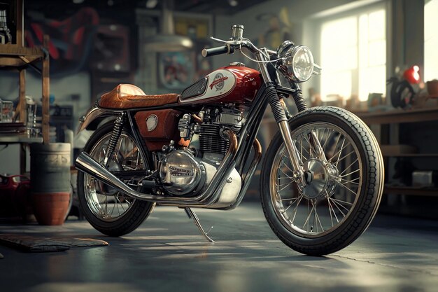 A classic motorcycle with leather accessories disp