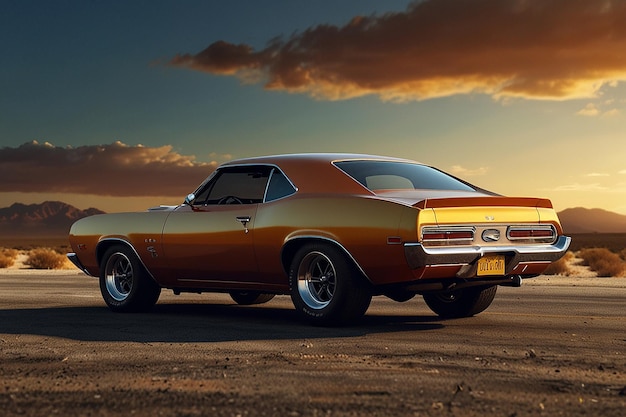 Classic Muscle Car 3D Rendering in Desert Sunset