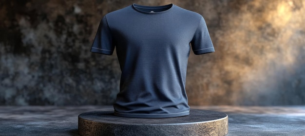 Classic Navy Blue TShirt Neatly Displayed on a Platform Against a Textured Background