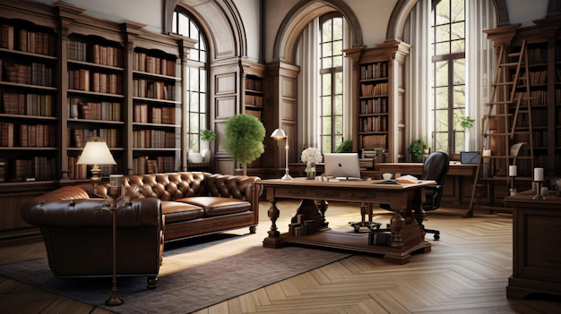 Classic office interior wooden furniture and books