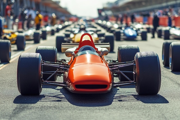 Photo classic orange race car on starting grid vintage motorsport