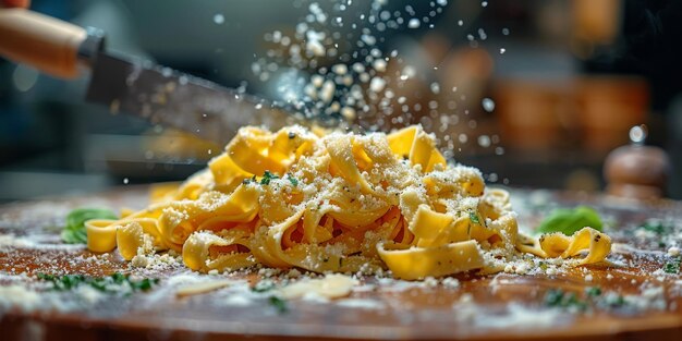 Photo classic pasta on kitchen background diet and food concept