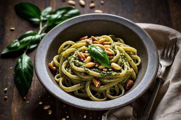 Classic pasta with pesto sauce and toasted pine nuts