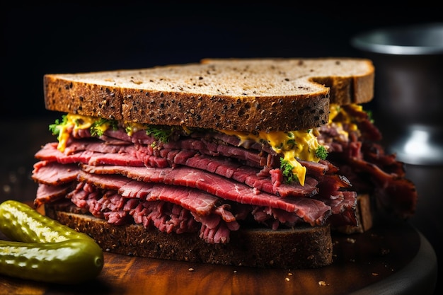 A classic pastrami sandwich with mustard on rye bread