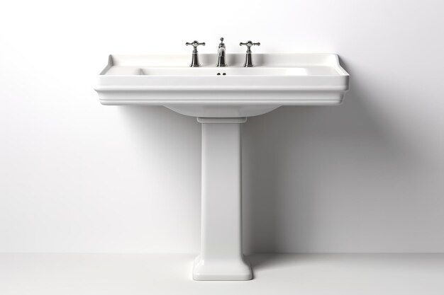 A Classic Pedestal Sink With Three Polished Chrome Faucets on a Clear PNG or White Background