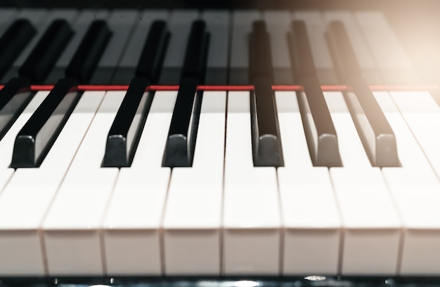 Classic Piano keyboard closeup with warm light and selective focus, music instruments concept