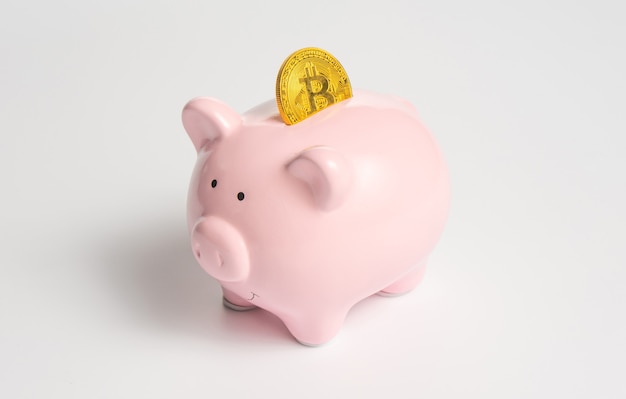 A classic pink piggy bank with a cryptocurrency symbol - a bitcoin gold coin