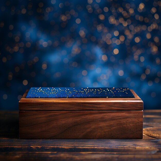 Photo classic polished wood tabletop with luxurious deep blue velvet background for black friday display