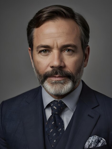 Photo classic portrait of 45yearold man in navy suit with groomed beard studio setting