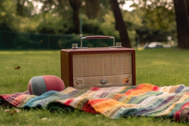 Classic radio on a picnic blanket outdoors created with generative ai