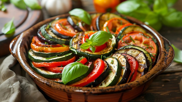 Photo classic ratatouille with layers of fresh zucchini eggplant and tomatoes in rustic dish