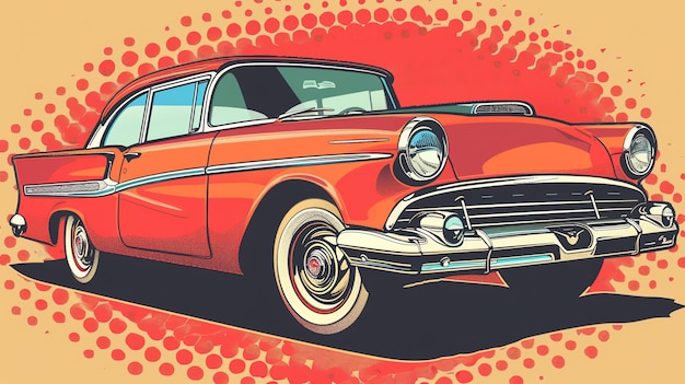 Classic red American car illustration in pop art style