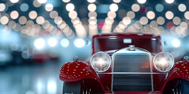 Photo classic red car displayed in showroom with bokeh lights in automotive garage concept luxury cars showroom display bokeh lights automotive garage classic red car