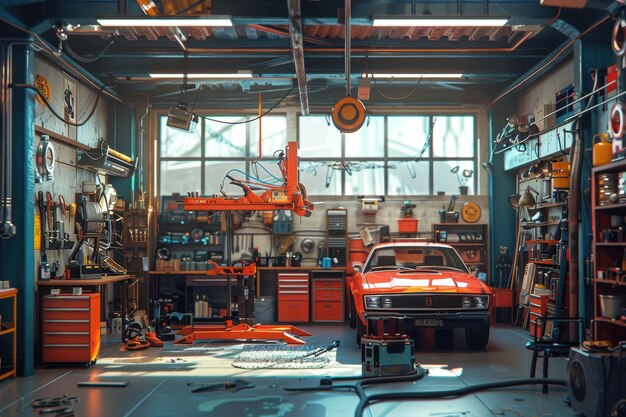 Photo classic red car parked inside auto repair shop waiting for mechanic