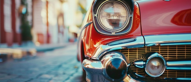 Photo classic red car showcasing vintage charm and polished chrome details parked on a cobblestone street