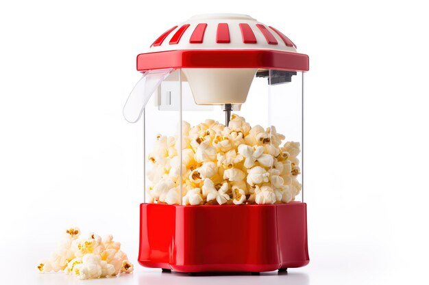 Photo a classic red popcorn machine filled with fluffy white kernels on a clear png or white background