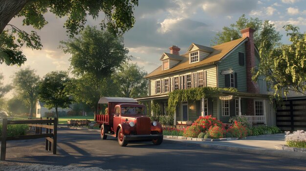 Classic red truck drives past a charming country house surrounded by lush greenery and flowers at dusk