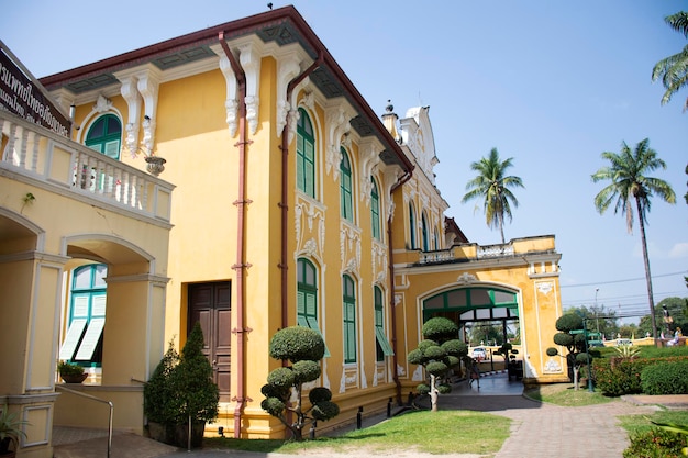 Classic retro and vintage yellow building of Chao Phya Abhaibhubejhr Hospital Prachinburi Province Thailand for Thai people and patient visit and buy pharmacy and herbal