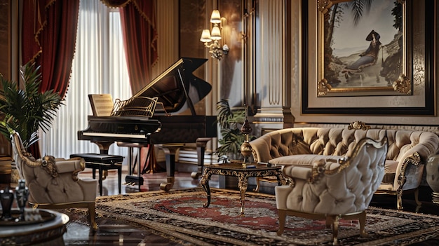 Photo classic revival living room featuring elegant plush fabrics and a stunning grand piano crafted