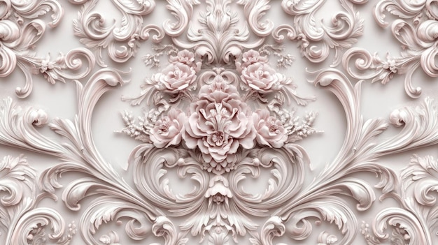 A classic Rococo wallpaper featuring ornate patterns of curling vines and blooming flowers in soft