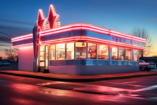 Classic s diner exterior with neon lights and signage created with generative ai