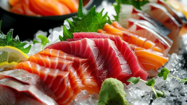 Photo classic sashimi assortment tuna salmon yellowtail on ice with ginger wasabi and soy sauce