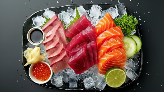 Photo classic sashimi assortment tuna salmon and yellowtail with garnishes and soy sauce