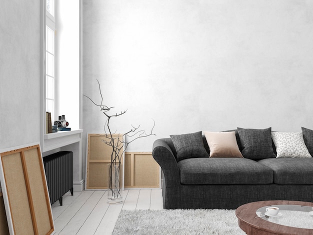 Classic scandinavian white interior with sofa, table, window, carpet. 3D render illustration mock up.