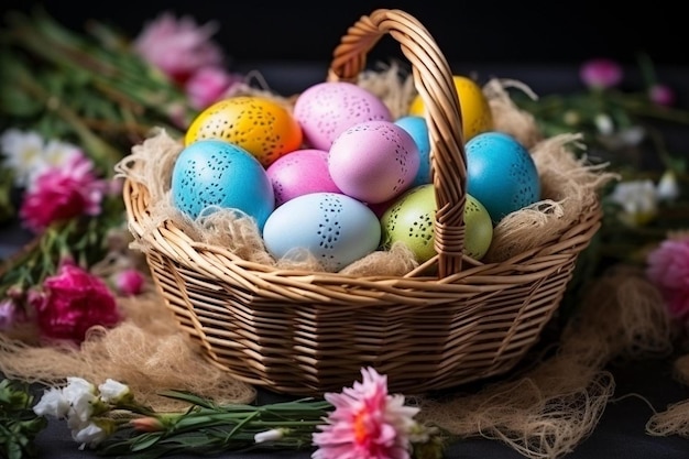 Classic slavic easter cakes with easter eggs in a wicker basket