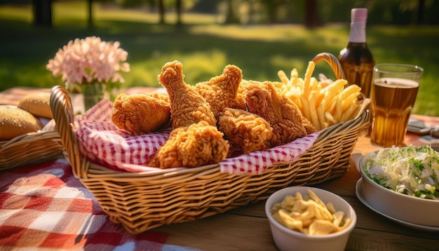 a classic Southern picnic scene featuring a basket of crispy fried chicken