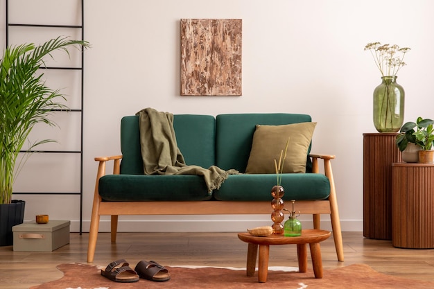 Classic space of living room with mock up poster frame bottle green sofa wooden coffee table ladder