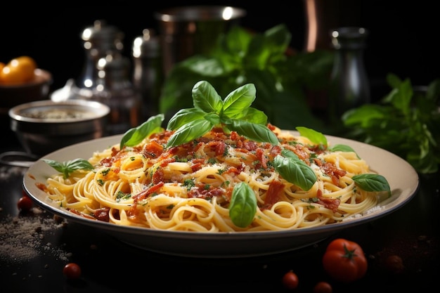 Classic Spaghetti Carbonara with Italian Bacon on white background Delicious spaghetti picture