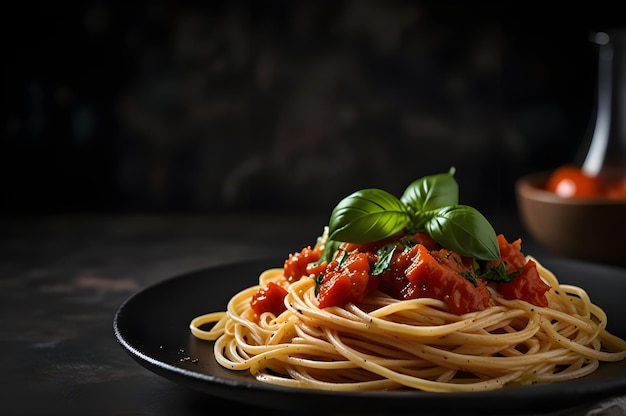 Photo classic spaghetti with tomato sauce and basil on dark background ai generate