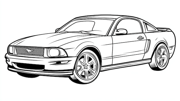 A classic sports car drawn in black and white with a focus on the front grille and headlights