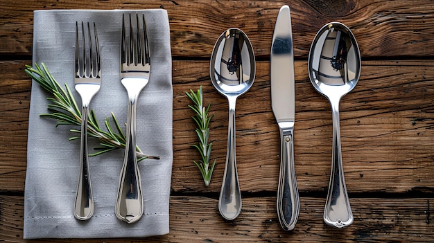 A classic stainless steel cutlery set of knife fork and spoon placed on a simple wooden surface