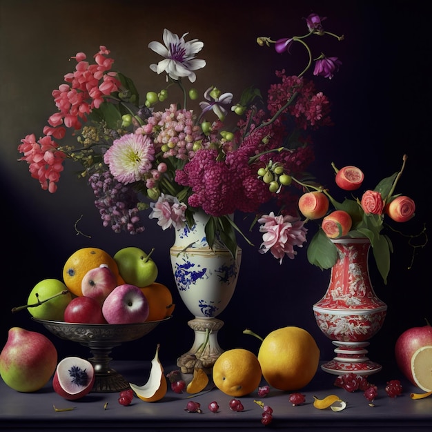 Classic still life composition vase fruit Generative AI