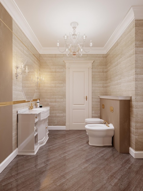 Classic style bathroom with toilet and bidet in beige and yellow. 3D rendering.